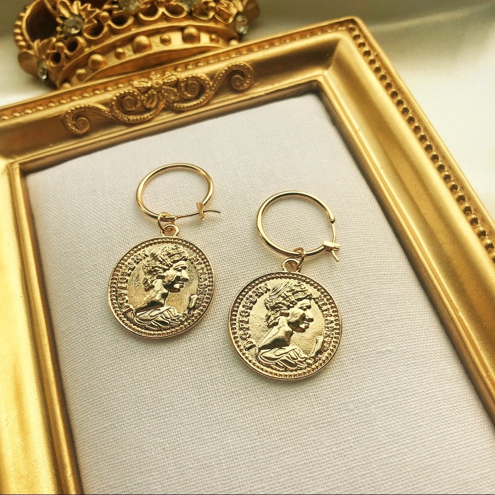 Gold Coin Pendant Portrait Religious Hoop Earrings - Picture 2 of 4